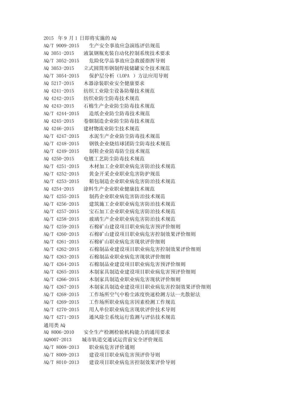 安全AQ职业卫生各类标准目录 _第1页