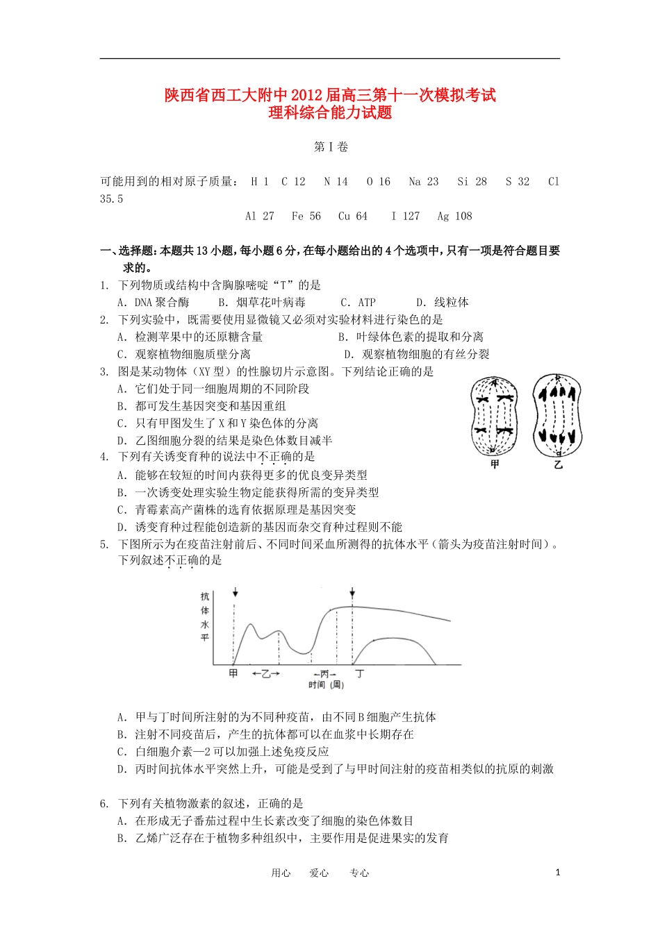 陕西省西工大附中2012届高三理综第十一次模拟考试试题_第1页