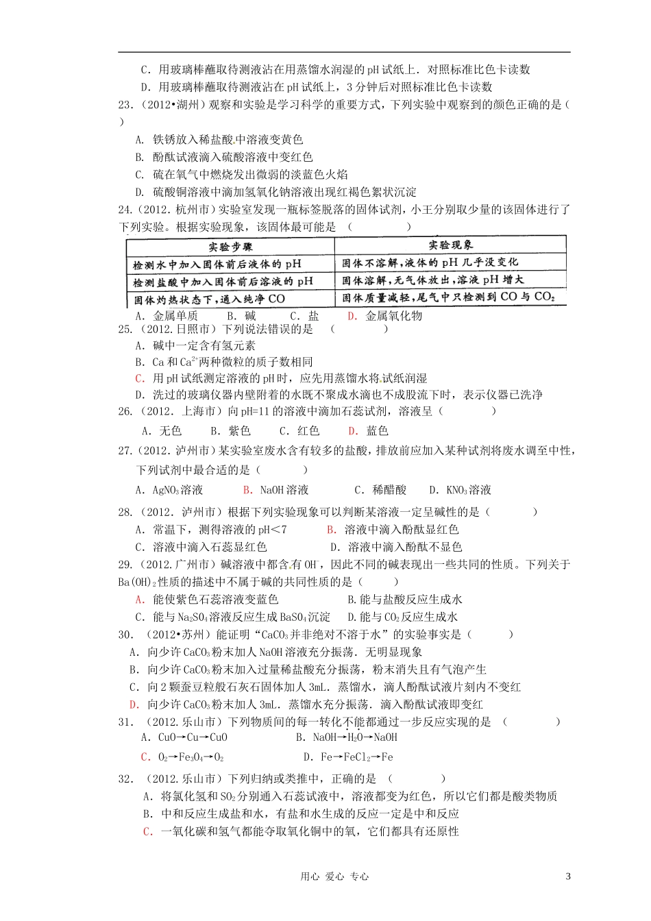 2012年中考化学试题汇编-酸、碱、盐_第3页