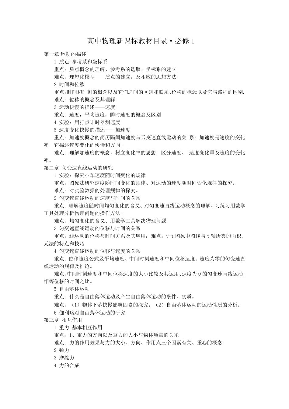 高中物理章节目录及重难点 _第1页