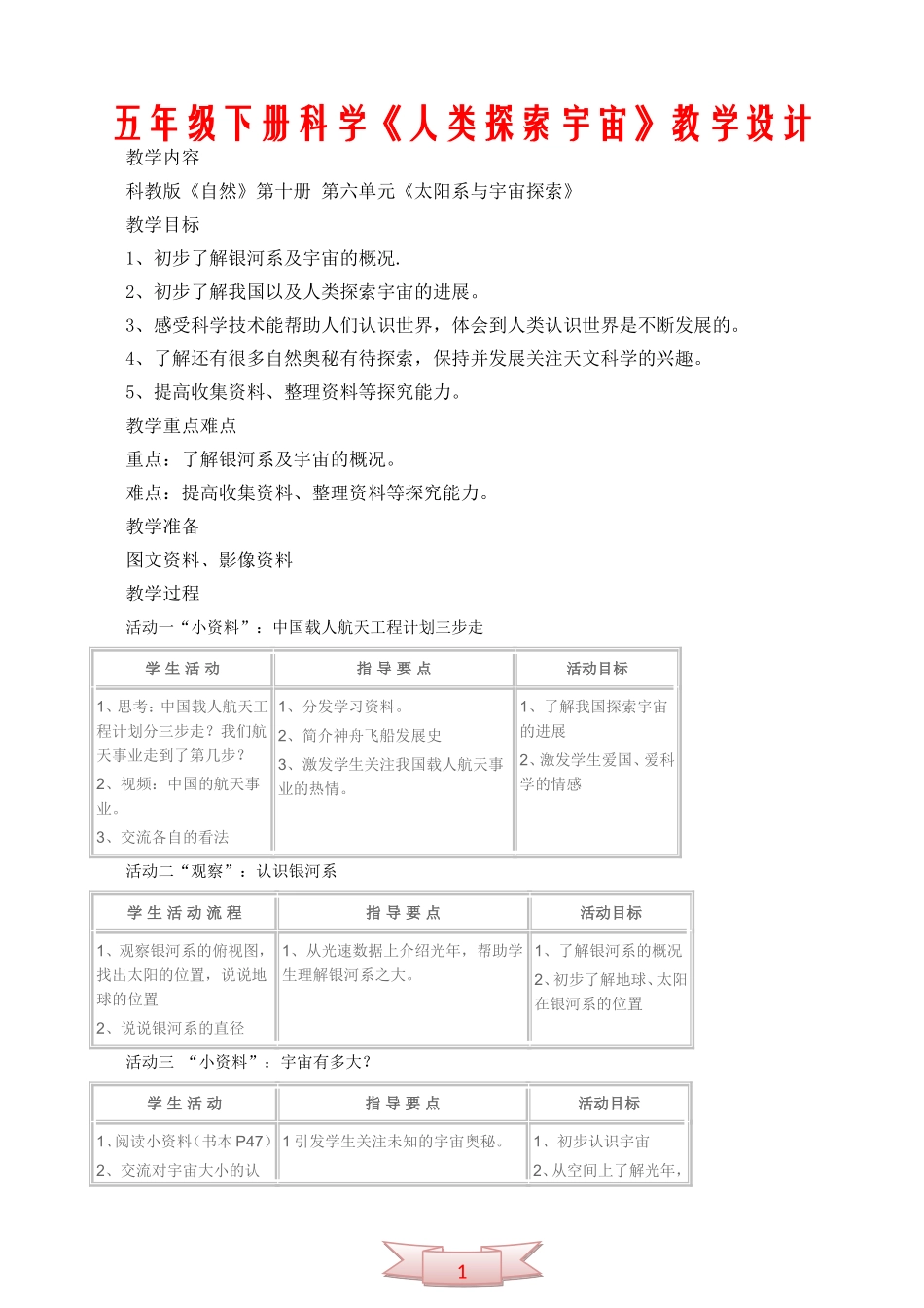 五年级下册科学《人类探索宇宙》教学设计_第1页