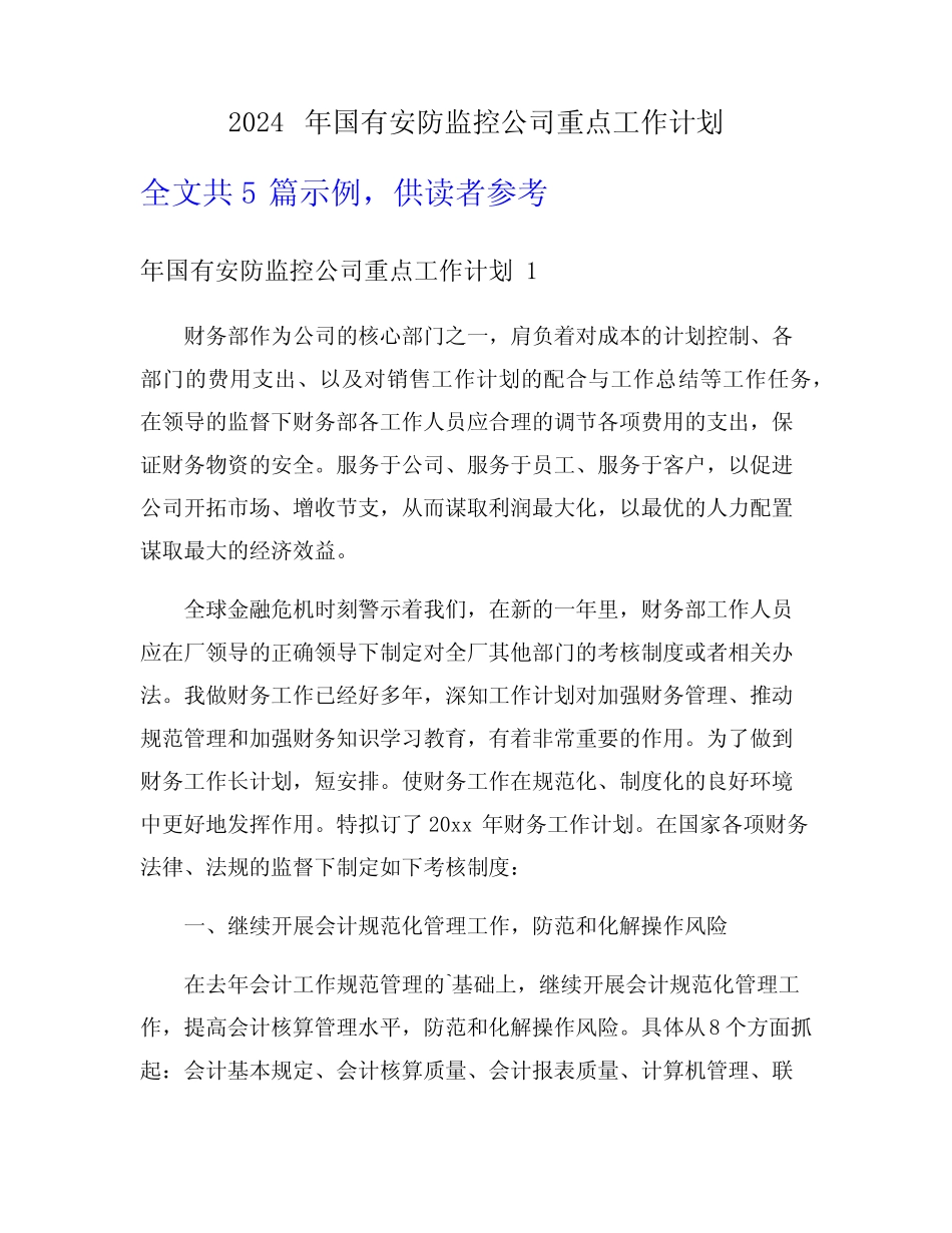 2024年国有安防监控公司重点工作计划 _第1页