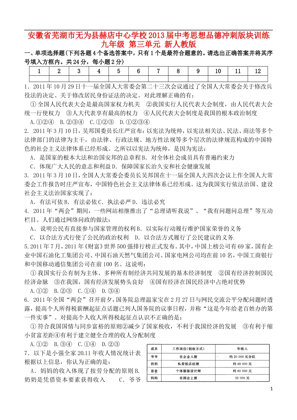 安徽省芜湖市无为县赫店中心学校2013届中考思想品德冲刺版块训练-九年级-第三单元-新人教版_第1页