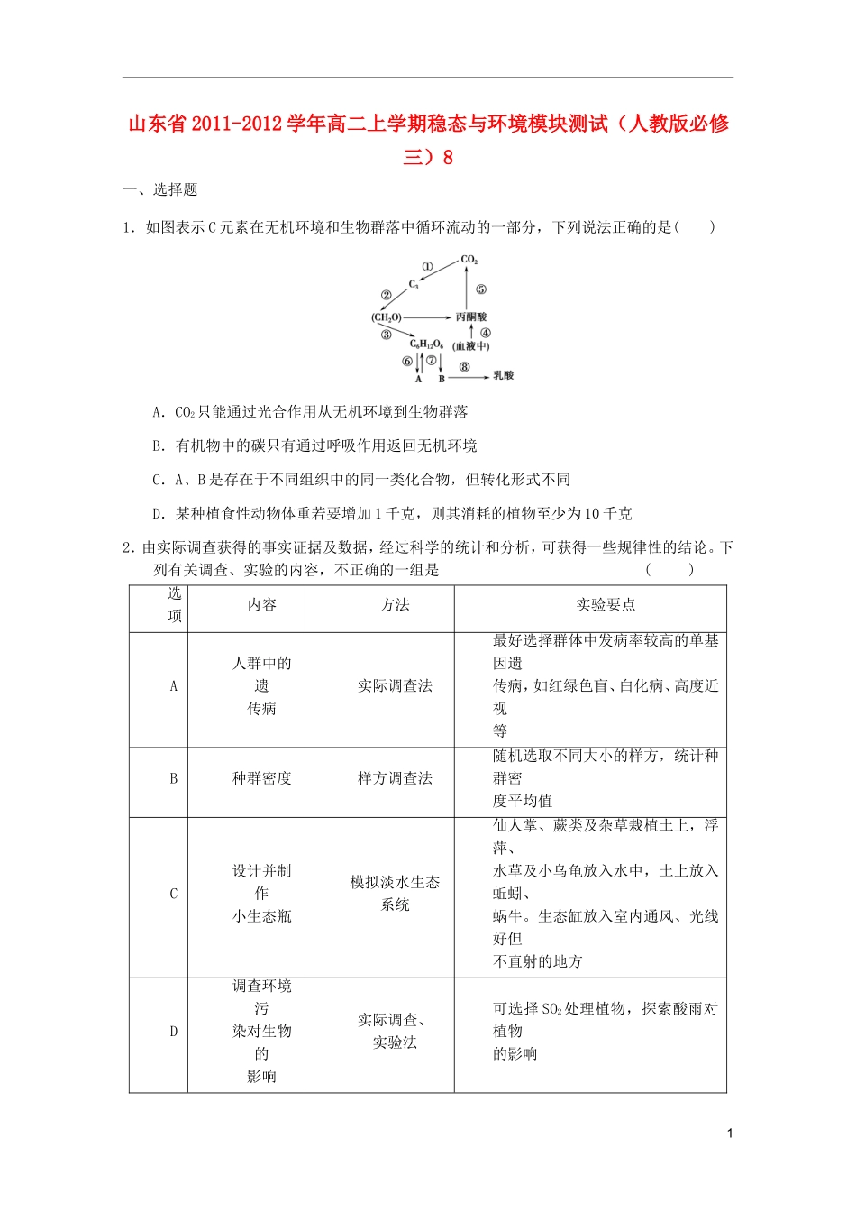 山东省2011-2012学年高中生物上学期稳态与环境模块测试8-新人教版必修3_第1页