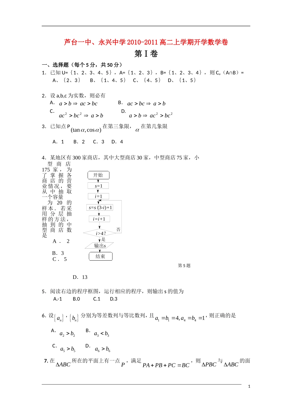 天津市芦台一中10-11学年高二数学上学期开学考试(无答案)新人教A版_第1页