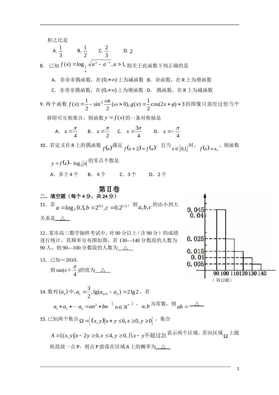 天津市芦台一中10-11学年高二数学上学期开学考试(无答案)新人教A版_第2页