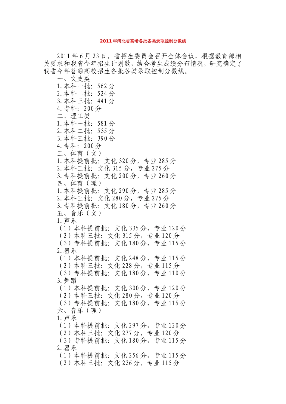 2011年河北省高考各批各类录取控制分数线_第1页
