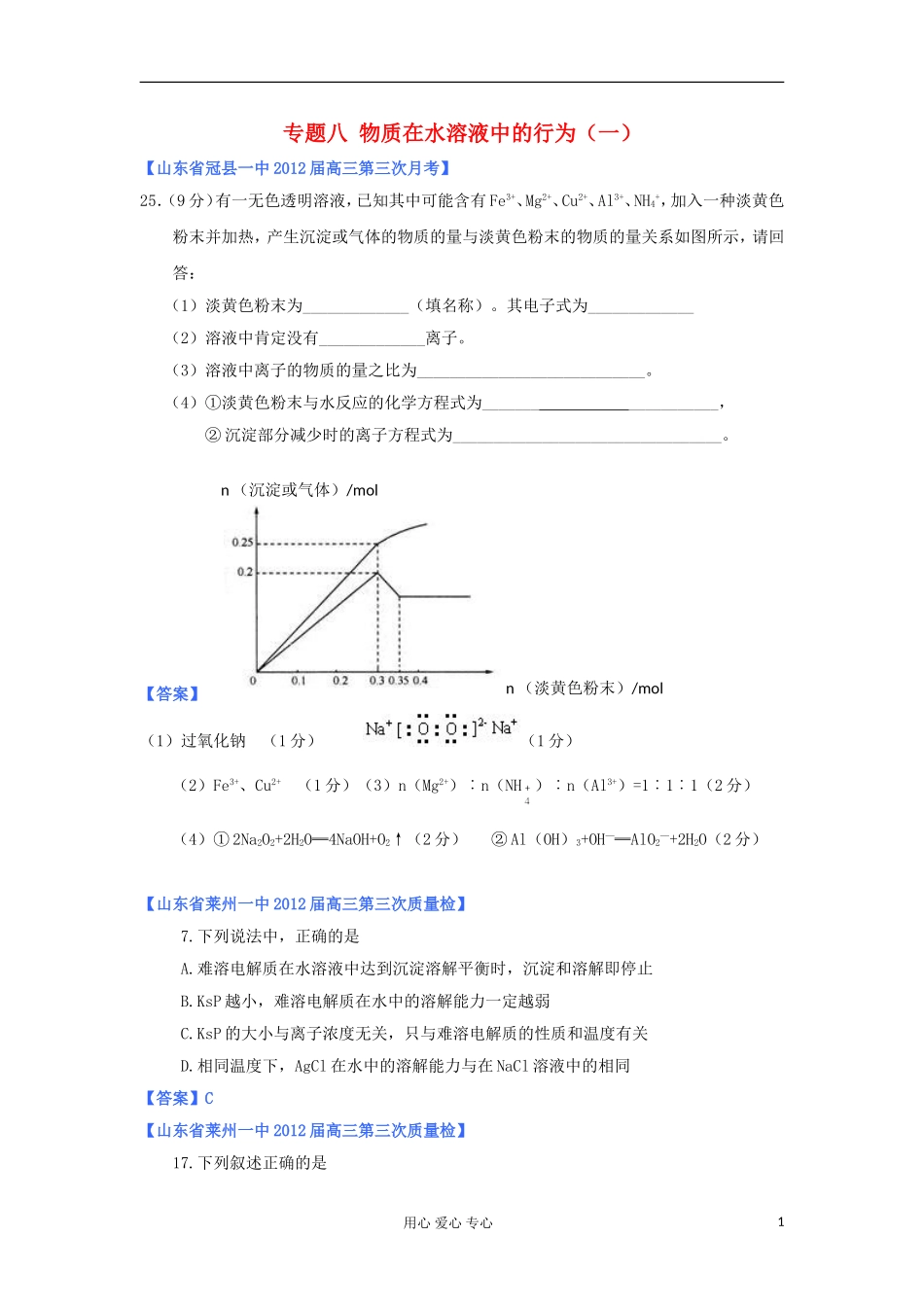 山东省2012年高考化学-各地市最新试题分类大汇编13-专题八物质在水溶液中的行为(一)_第1页