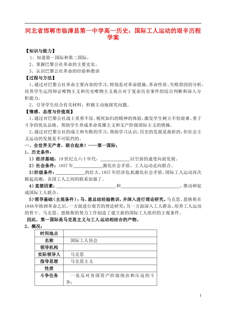河北省邯郸市临漳县第一中学高一历史-国际工人运动的艰辛历程-学案_第1页