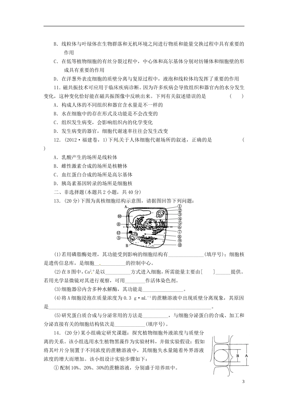 (通用版)2013届高三生物二轮测试题-细胞的分子组成、细胞的结构-新人教版必修1-_第3页