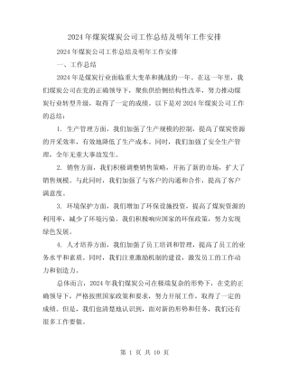 2024年煤炭煤炭公司工作总结及明年工作安排(2) 