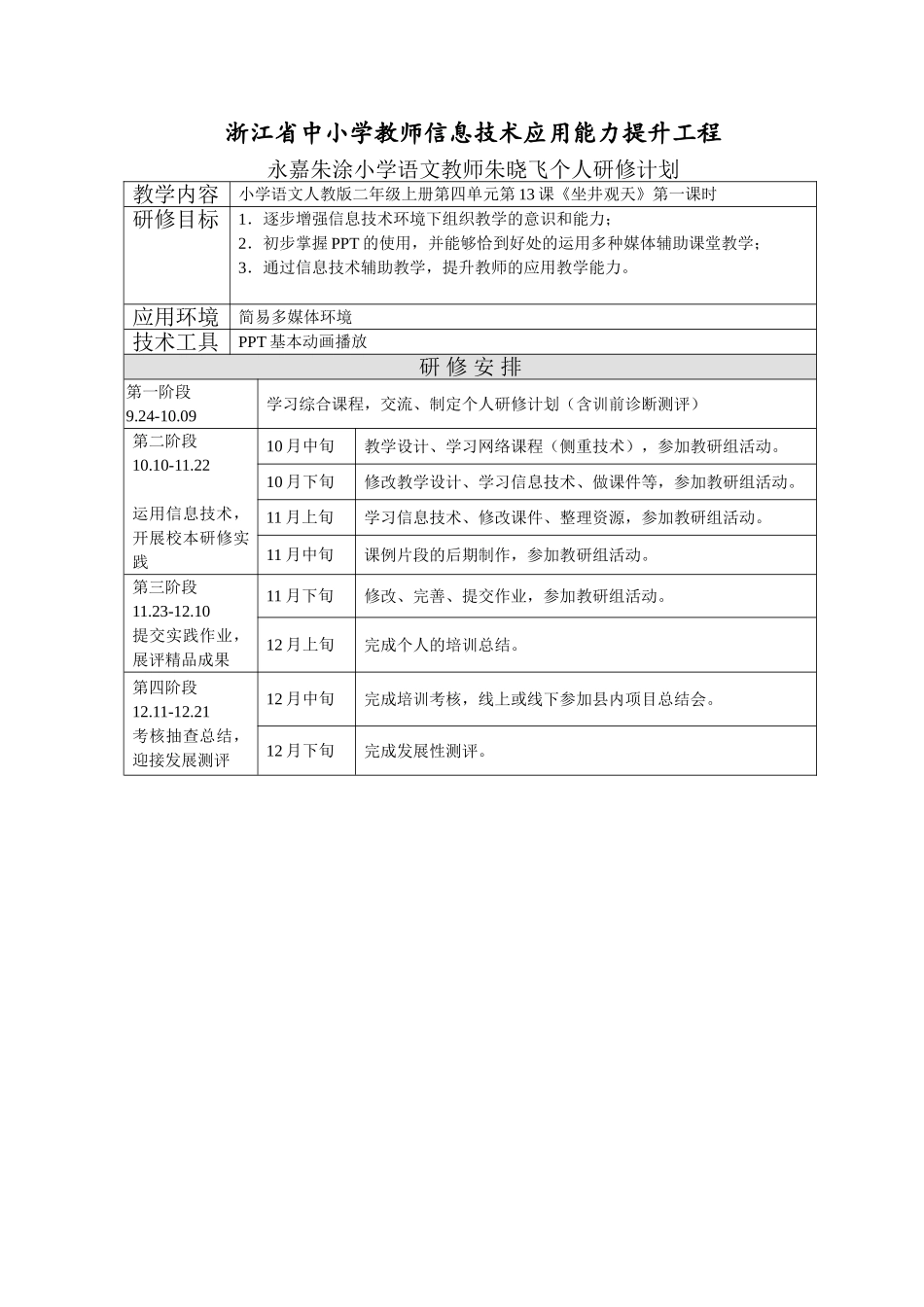 永嘉县朱涂小学语文教师朱晓飞个人研修计划_第1页