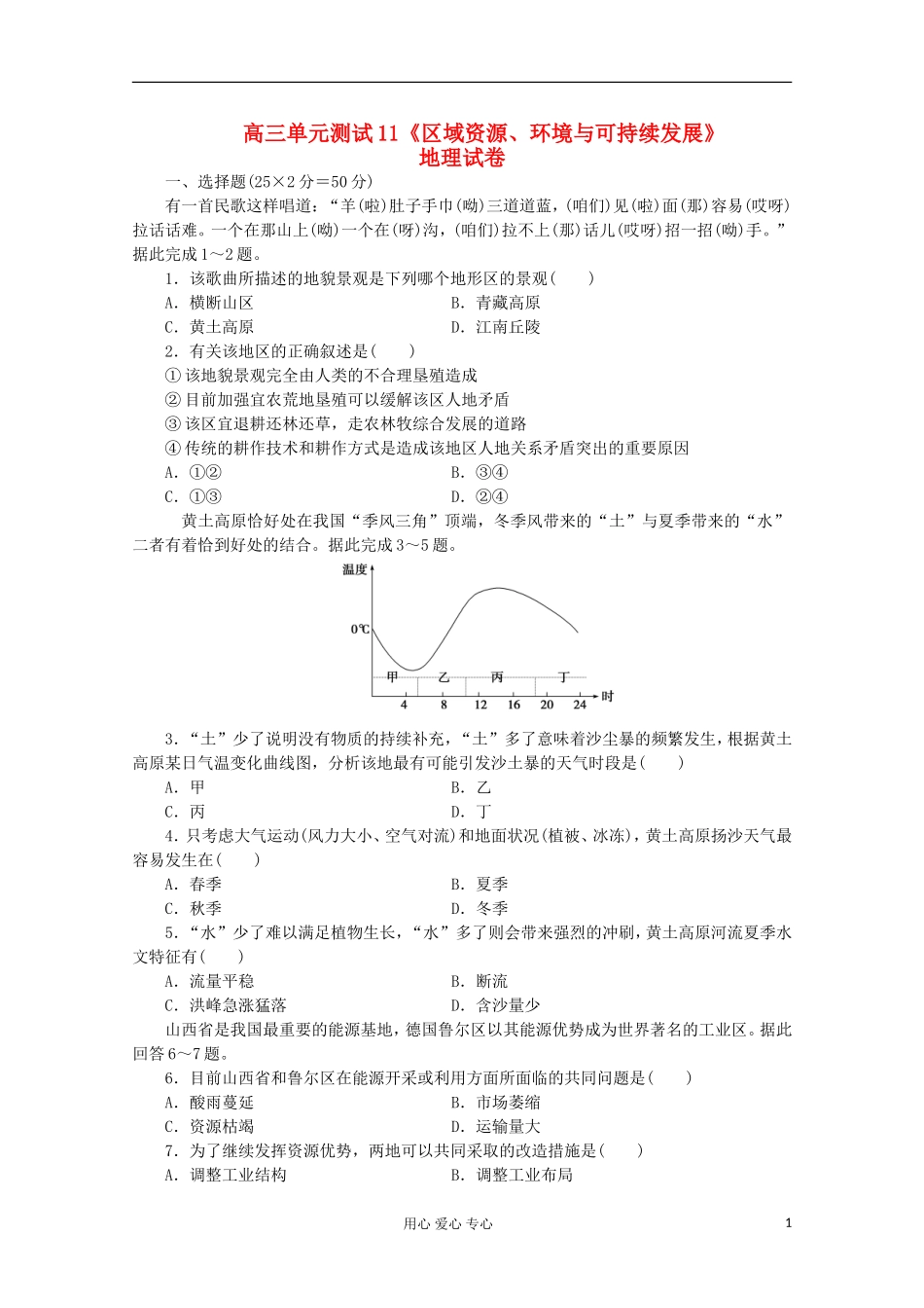 山东省2012届高三地理-单元测试11《区域资源、环境与可持续发展》鲁教版_第1页