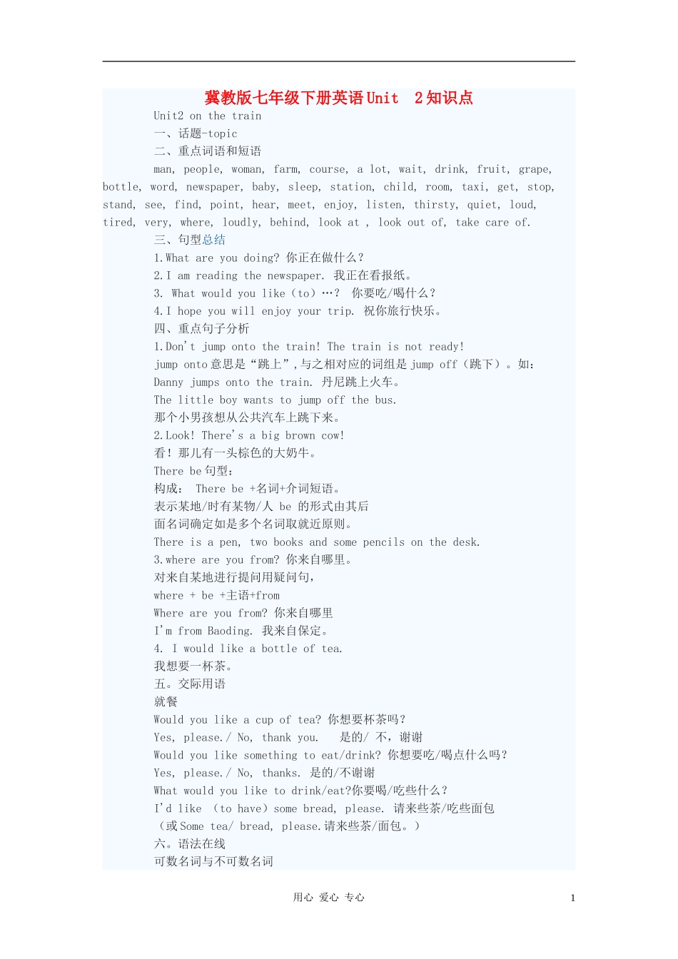 七年级英语下册-Unit-2-On-the-Train知识点-冀教版_第1页