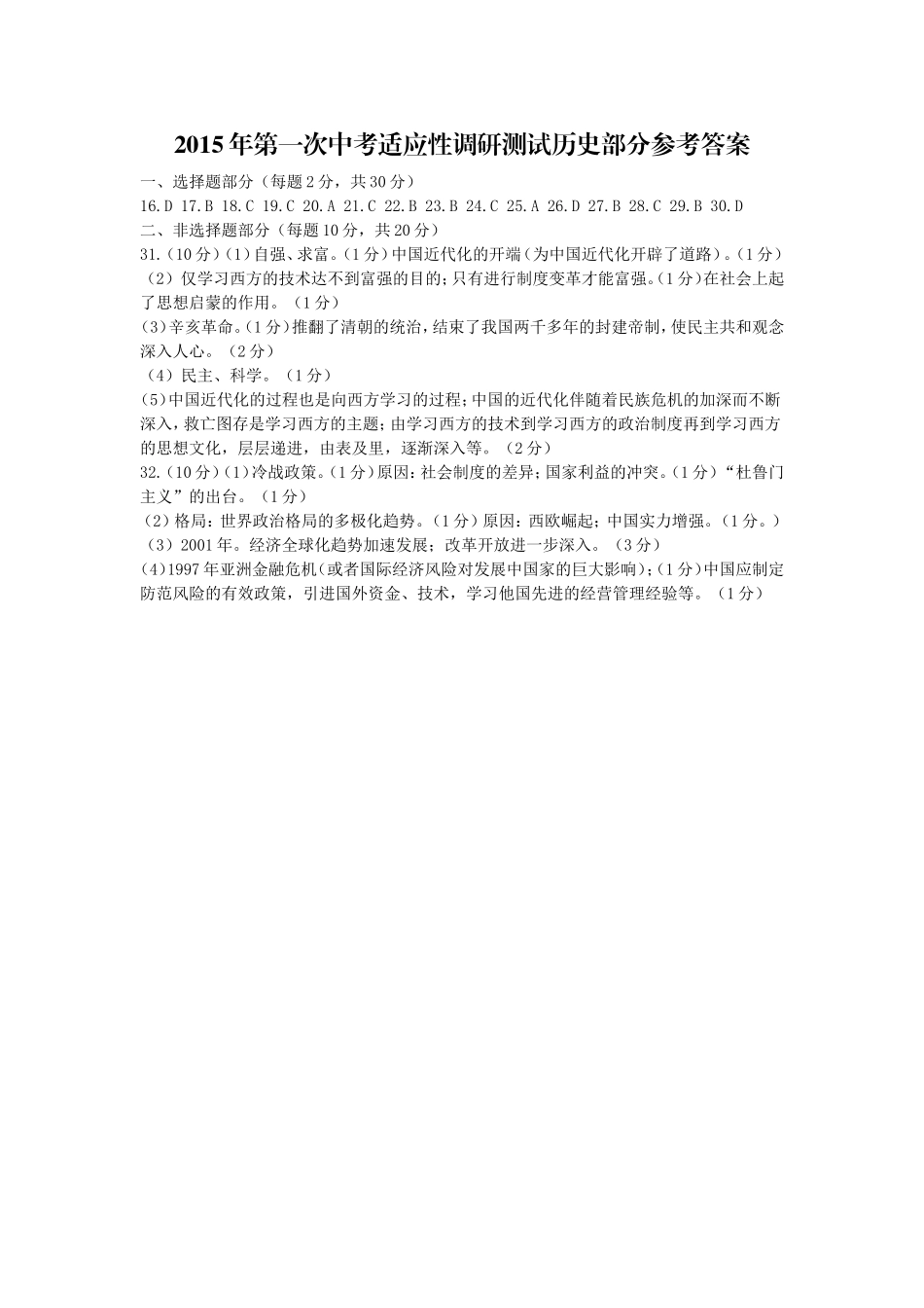 2015年第一次中考适应性调研测试历史部分参考答案_第1页