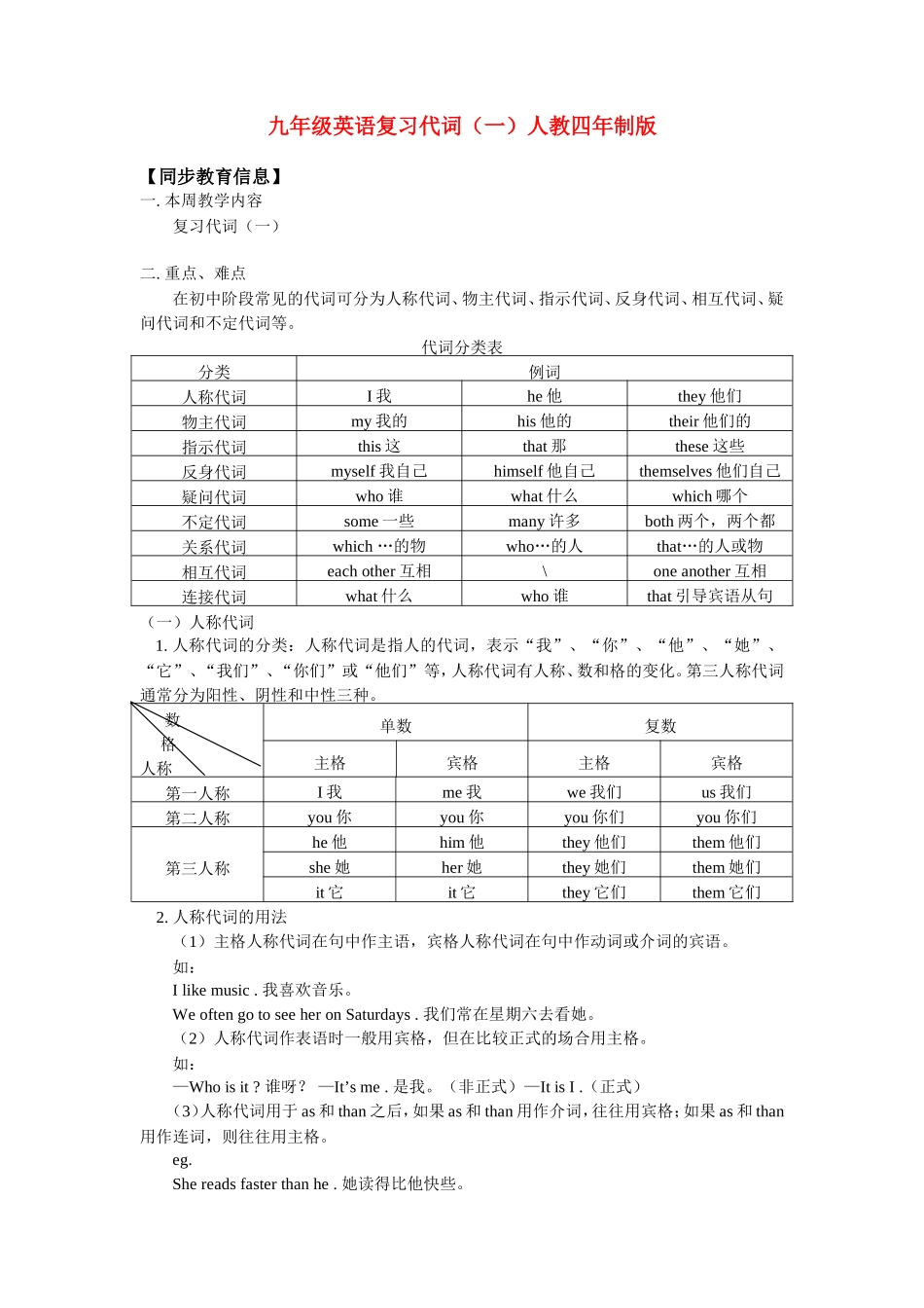 九年级英语复习代词(一)人教四年制版知识精讲_第1页