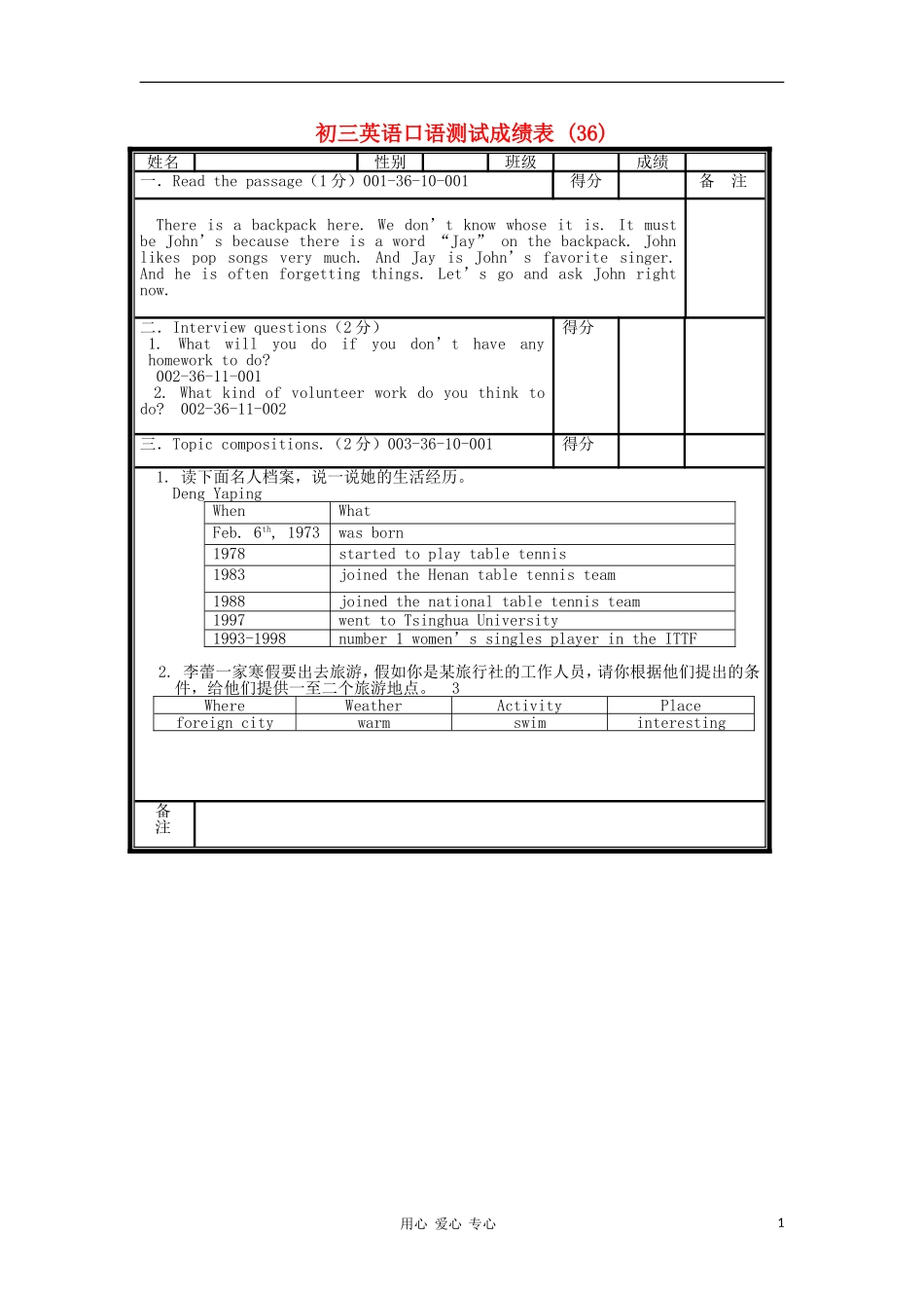 北京市海淀区九年级英语口试模拟试题(36)_第1页