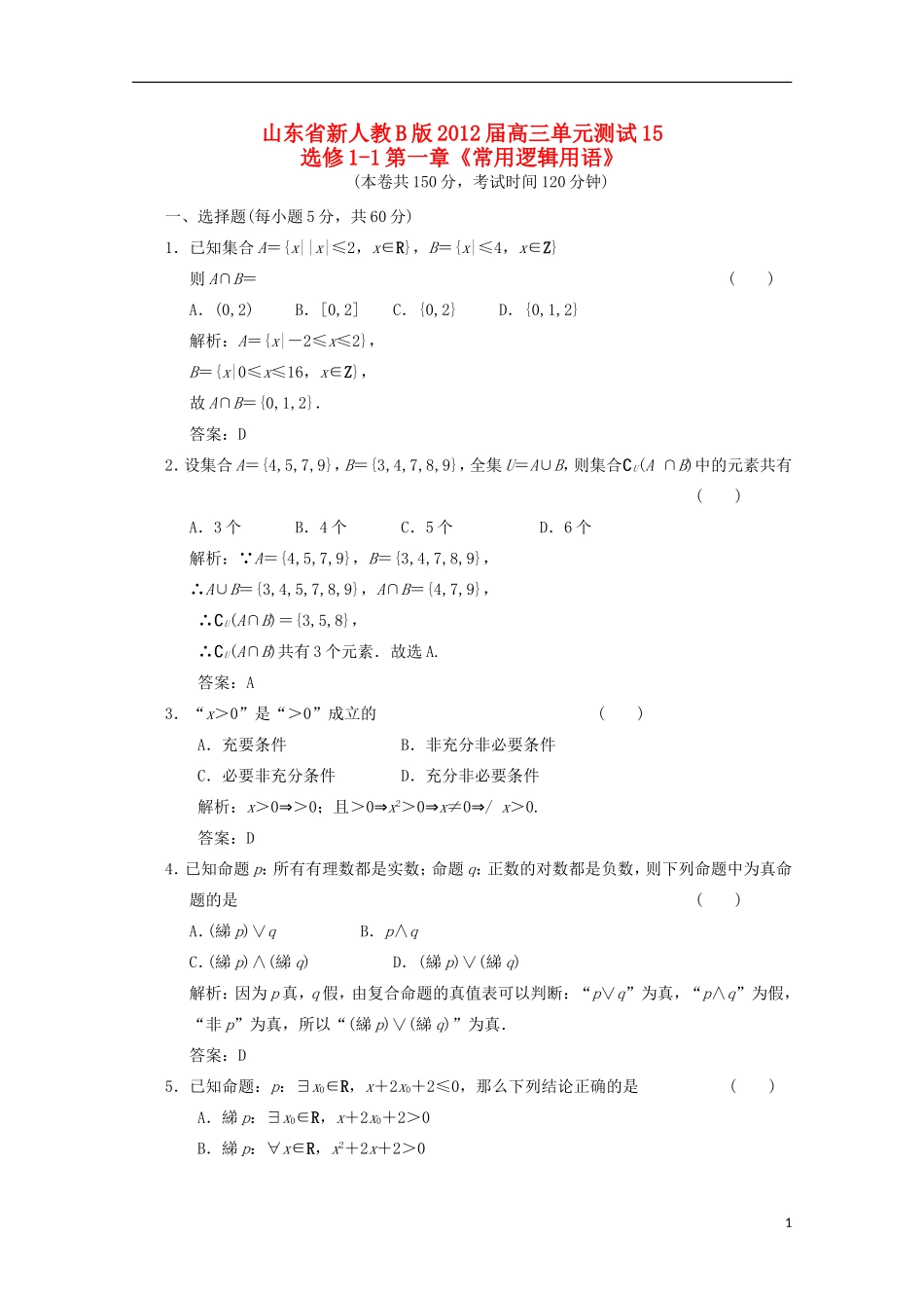 山东省2012届高三数学-第一章《常用逻辑用语》单元测试-文-新人教B版选修1-1_第1页