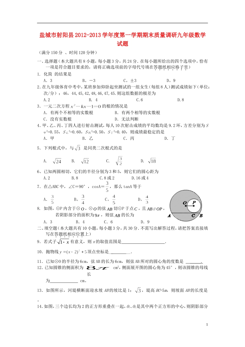 盐城市射阳县2012-2013学年度九年级数学第一学期期末质量调研试题-苏科版_第1页