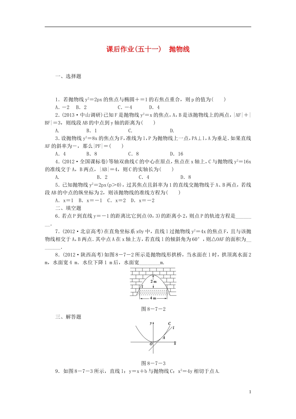 【课堂新坐标】(广东专用)2014高考数学一轮复习-课后作业(五十一)抛物线-文_第1页