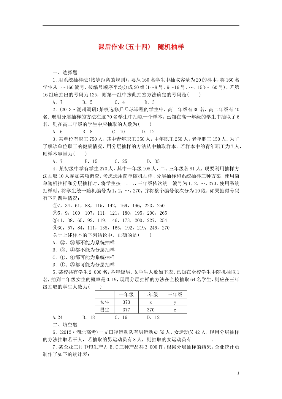【课堂新坐标】(广东专用)2014高考数学一轮复习-课后作业(五十四)随机抽样-文-(2)_第1页