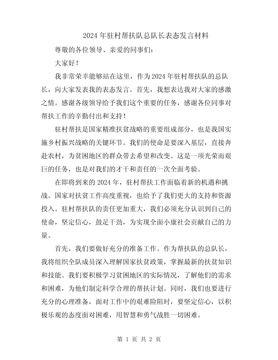 2024年驻村帮扶队总队长表态发言材料 _第1页