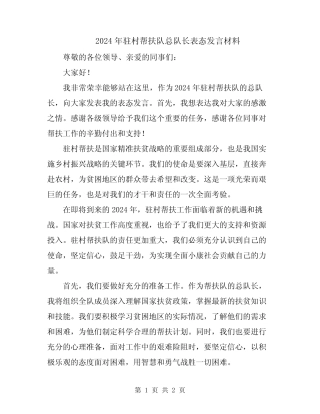 2024年驻村帮扶队总队长表态发言材料 