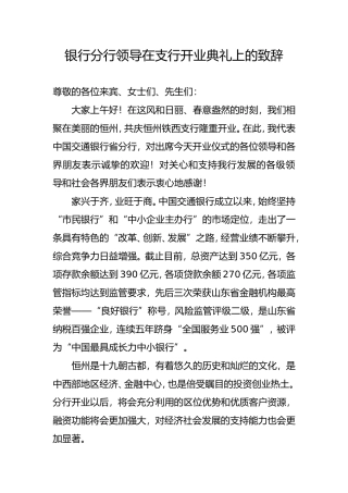 银行分行领导在支行开业典礼上的致辞