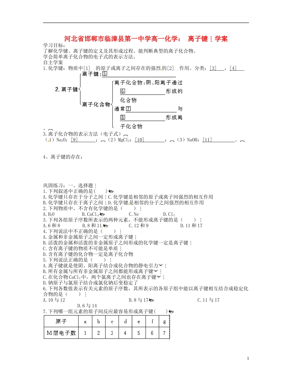 河北省邯郸市临漳县第一中学高一化学-离子键学案_第1页