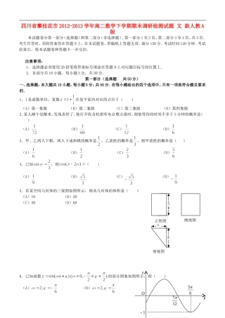 四川省攀枝花市2012-2013学年高二数学下学期期末调研检测试题-文-新人教A版