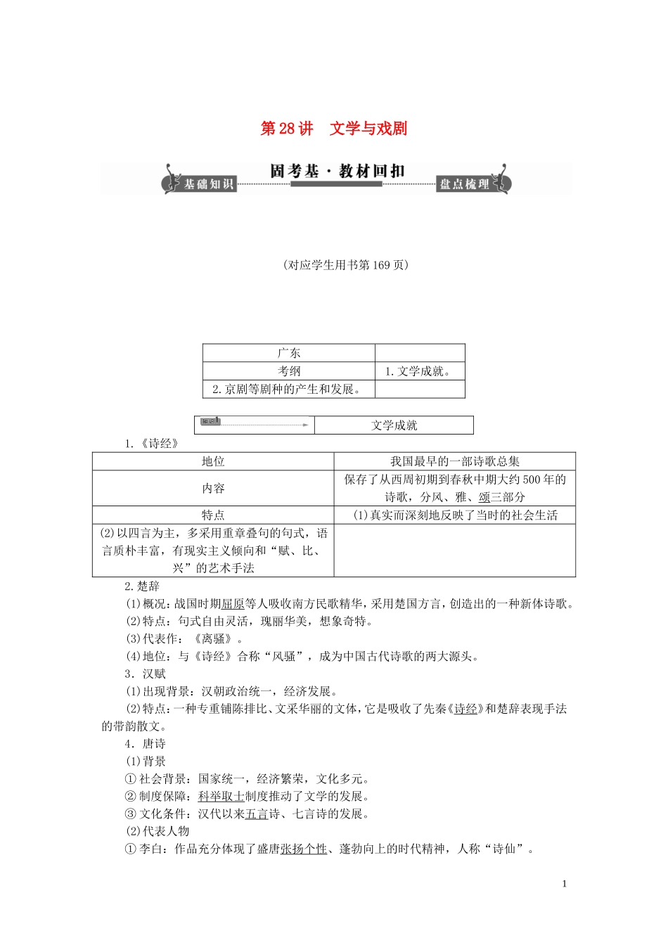 【课堂新坐标】(广东专用)2014高考历史一轮总复习-第28讲-文学与戏剧教材回扣-岳麓版_第1页