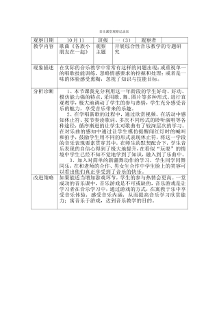 人教版小学一年级上册音乐《各族小朋友在一起》课堂观察记录表