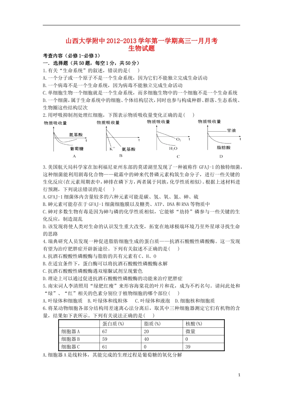 山西省山大附中2013届高三生物1月月考试题新人教版_第1页