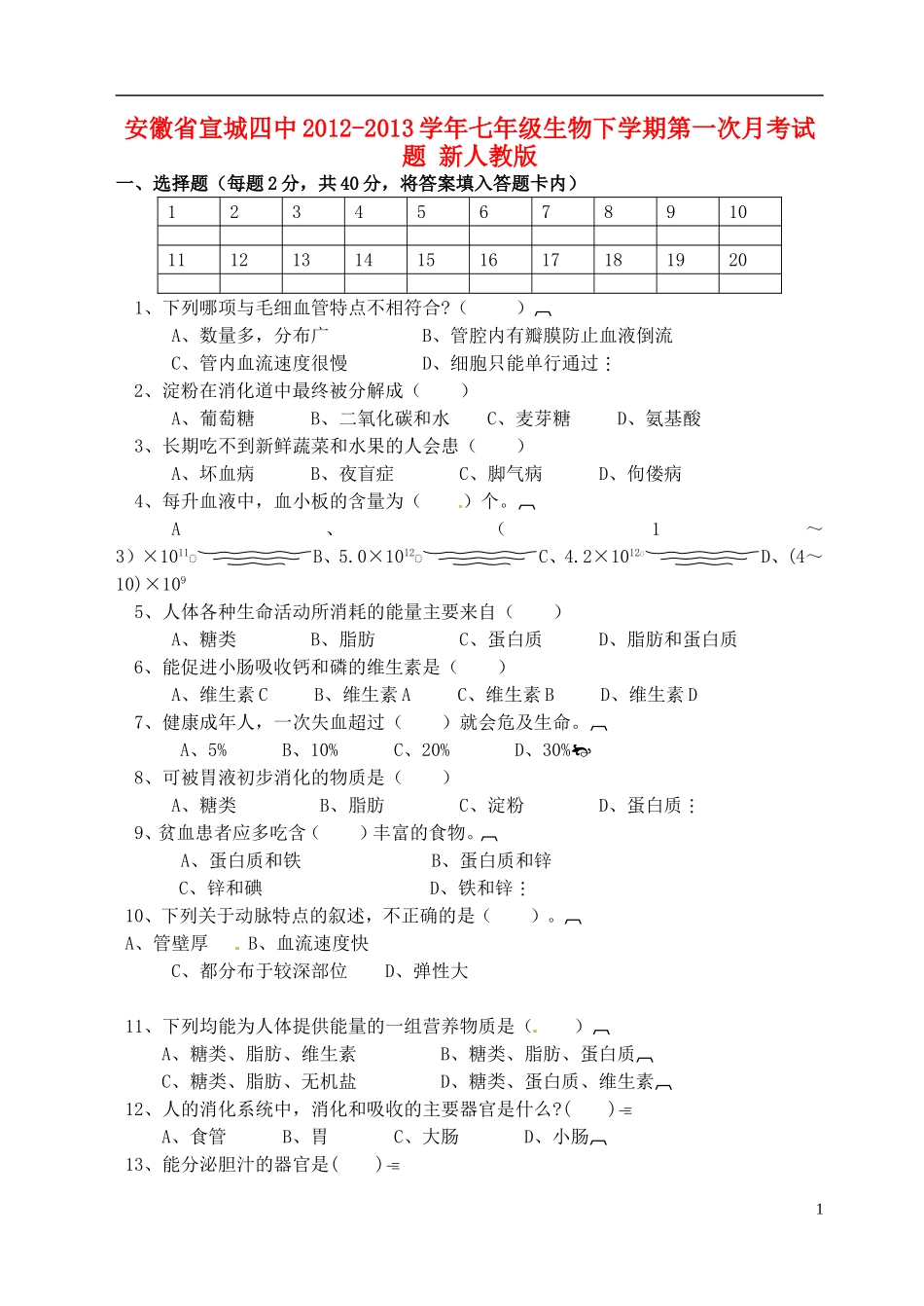 安徽省宣城四中2012-2013学年七年级生物下学期第一次月考试题-新人教版_第1页