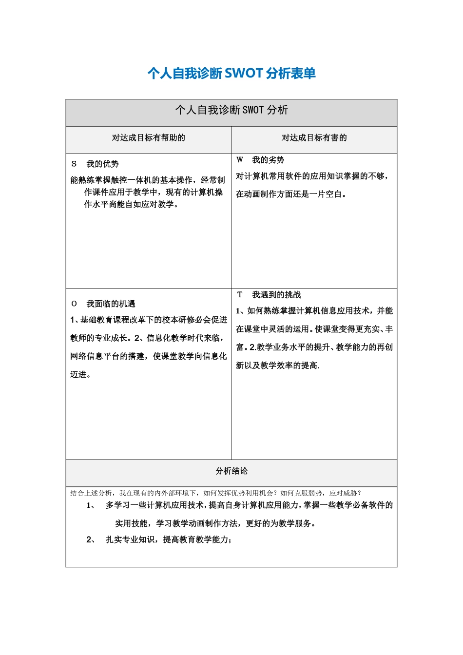 胡丽辉个人自我诊断SWOT分析表_第1页