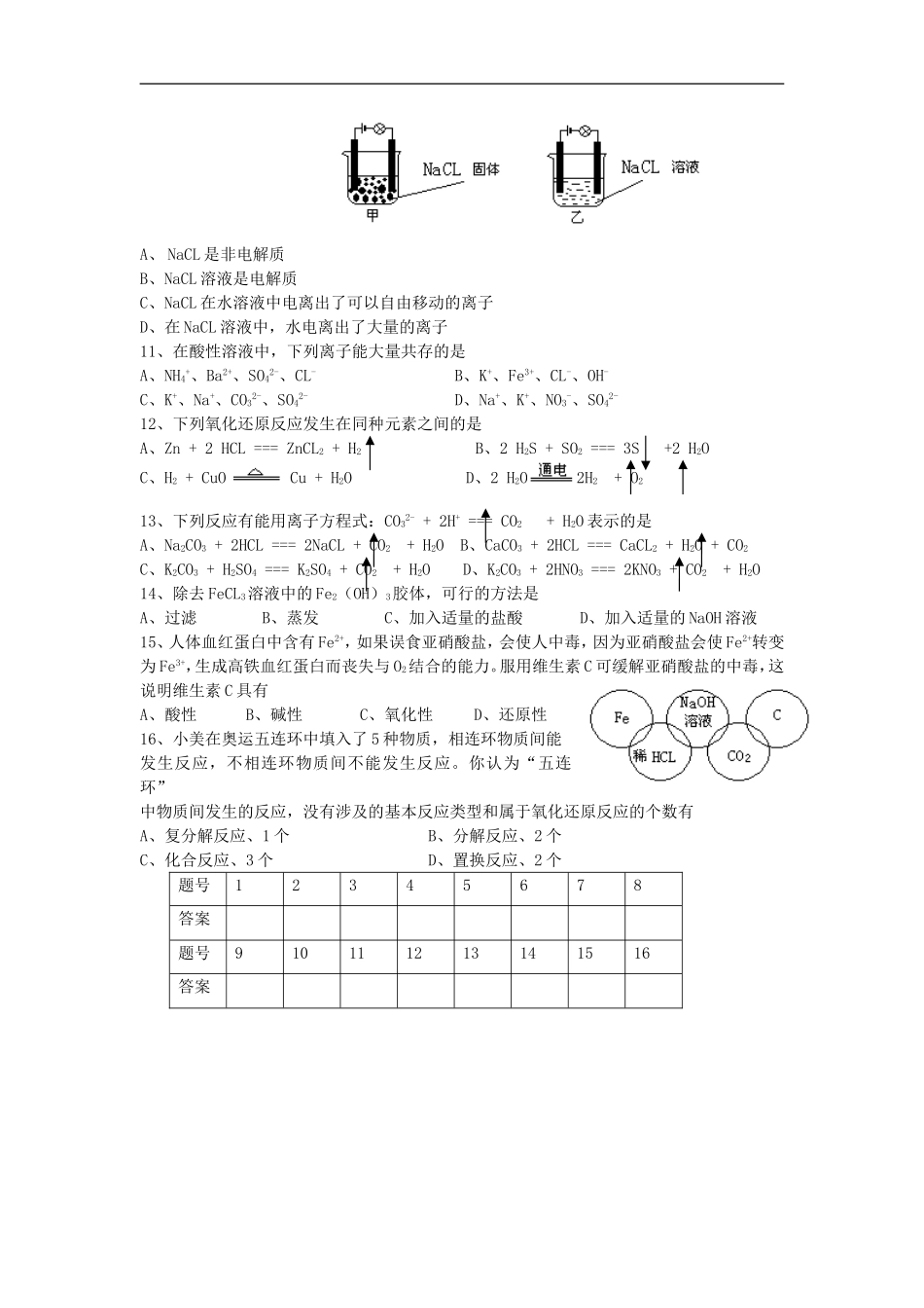 高中化学-第二章《化学物质及其变化》单元测试卷-人教化学必修1_第2页