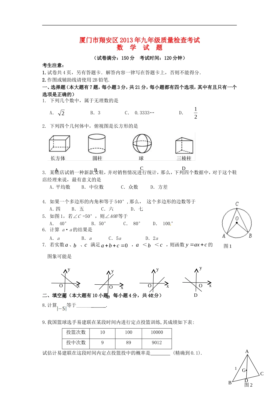 福建省厦门市翔安区2013届九年级数学一模试题_第1页