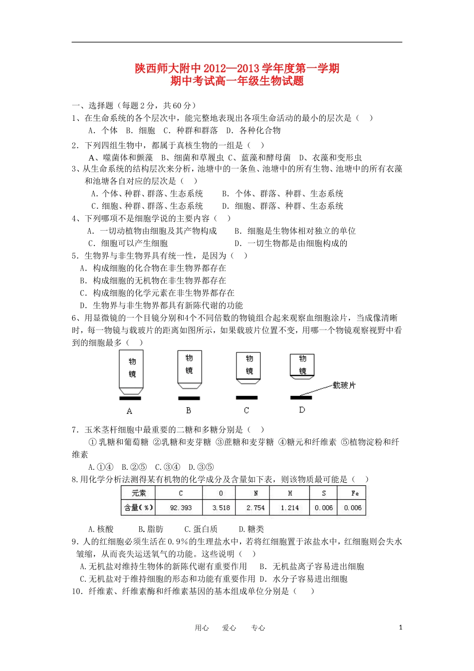 陕西省师大附中2012-2013学年高一生物上学期期中考试试题新人教版_第1页