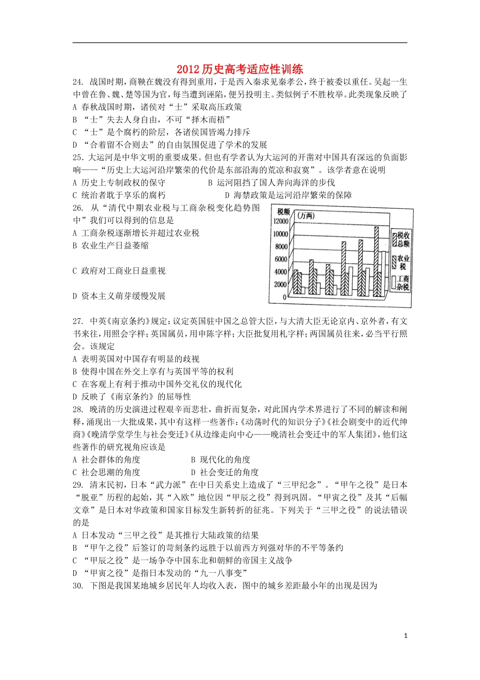 山西四校2012届高三历史名校文综卷综合训练(7)_第1页