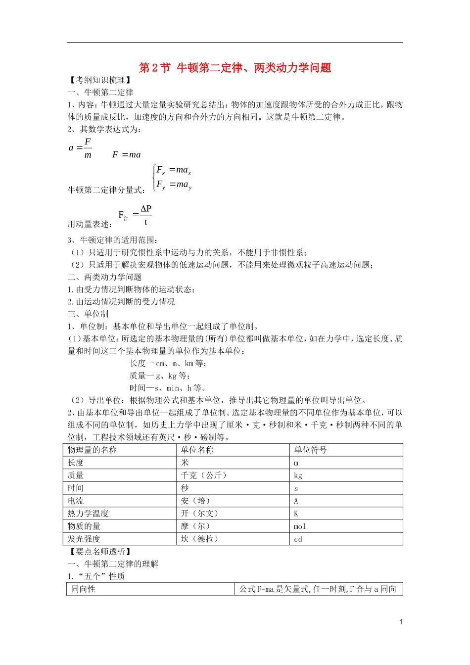 2012版物理一轮复习-3.2-牛顿第二定律、两类动力学问题学案-新人教版必修1_第1页