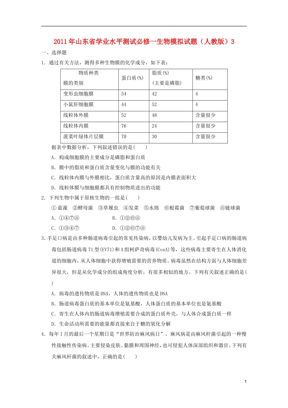 山东省2011年高中生物学业水平测试模拟试题3-新人教版必修1_第1页