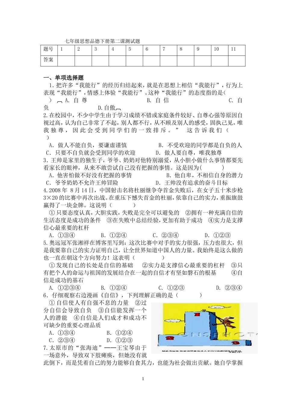 七年级思想品德下册第二课测试题_第1页