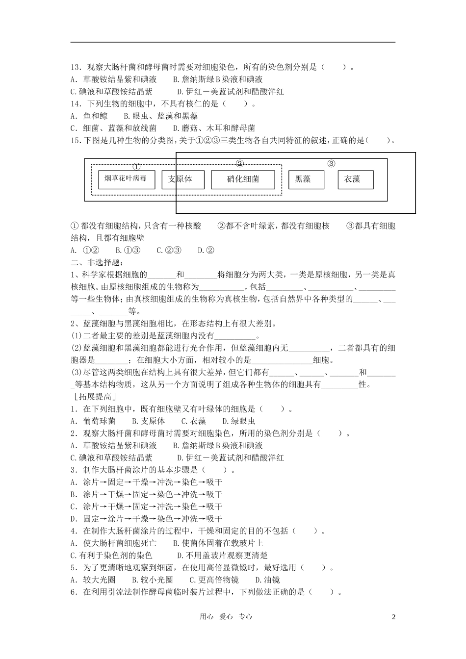 高中生物《真核细胞与原核细胞》同步练习6-中图版必修1_第2页