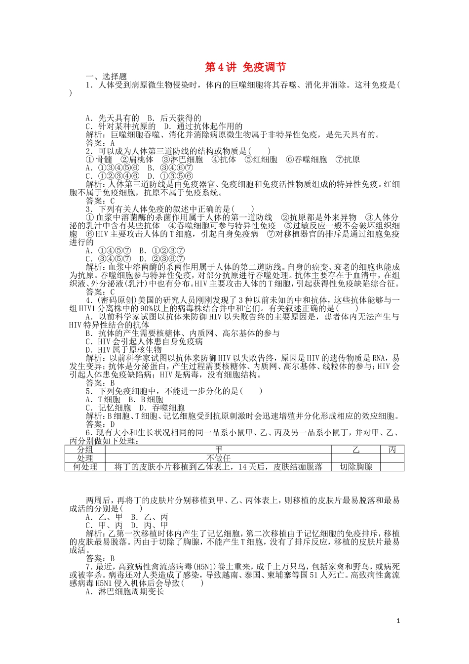 《高考密码》2012高中生物总复习-第二章-第4讲-免疫调节课时训练-新人教版必修3_第1页