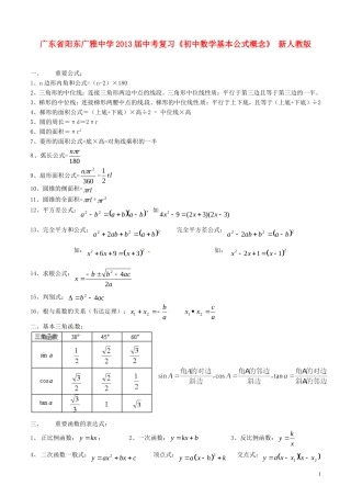 广东省阳东广雅中学2013届中考数学《初中数学基本公式概念》复习(无答案)-新人教版
