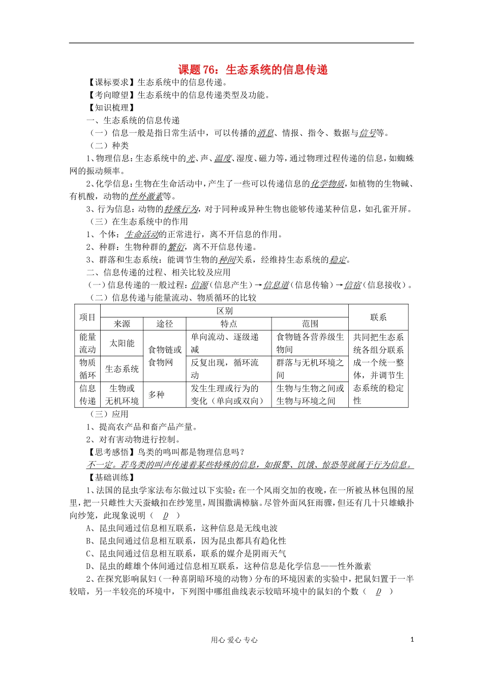 高中生物复习精讲精练-生态系统的信息传递_第1页