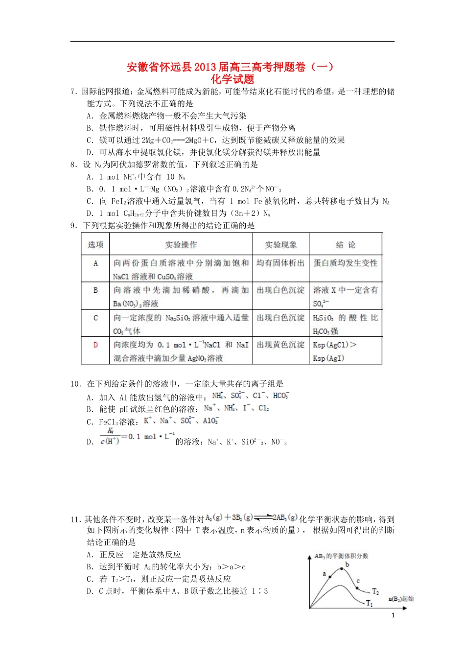 安徽省怀远县2013届高三化学押题卷(一)新人教版_第1页