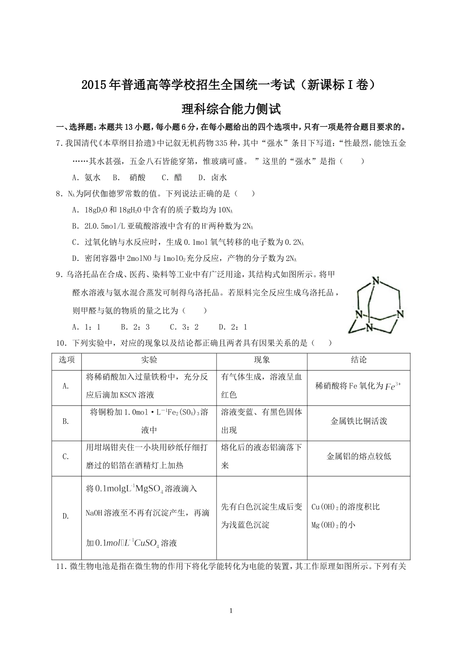 2015年全国高考理综试题及答案-新课标1化学_第1页