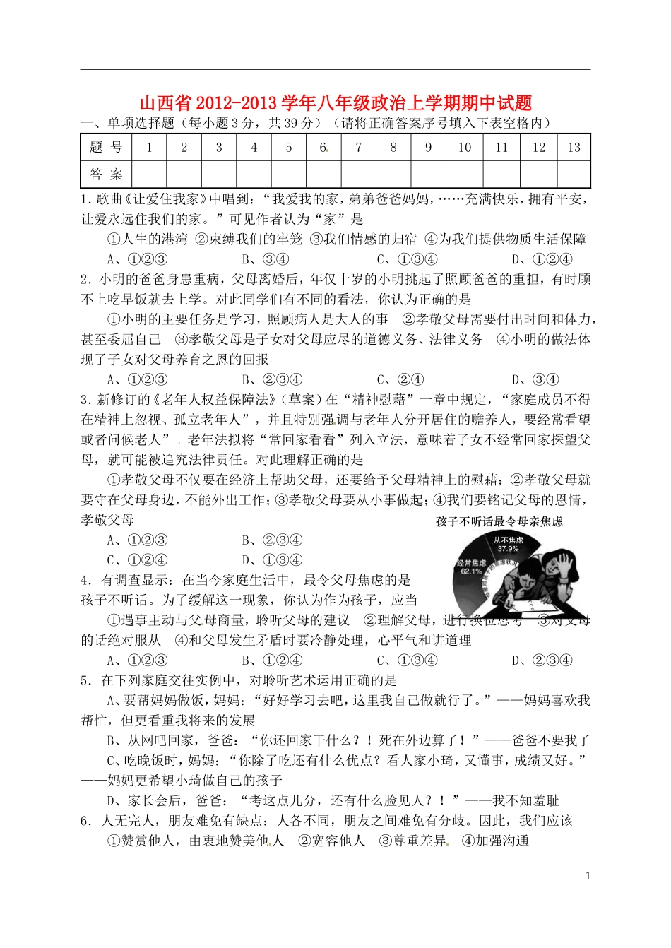 山西省2012-2013学年八年级政治上学期期中试题_第1页