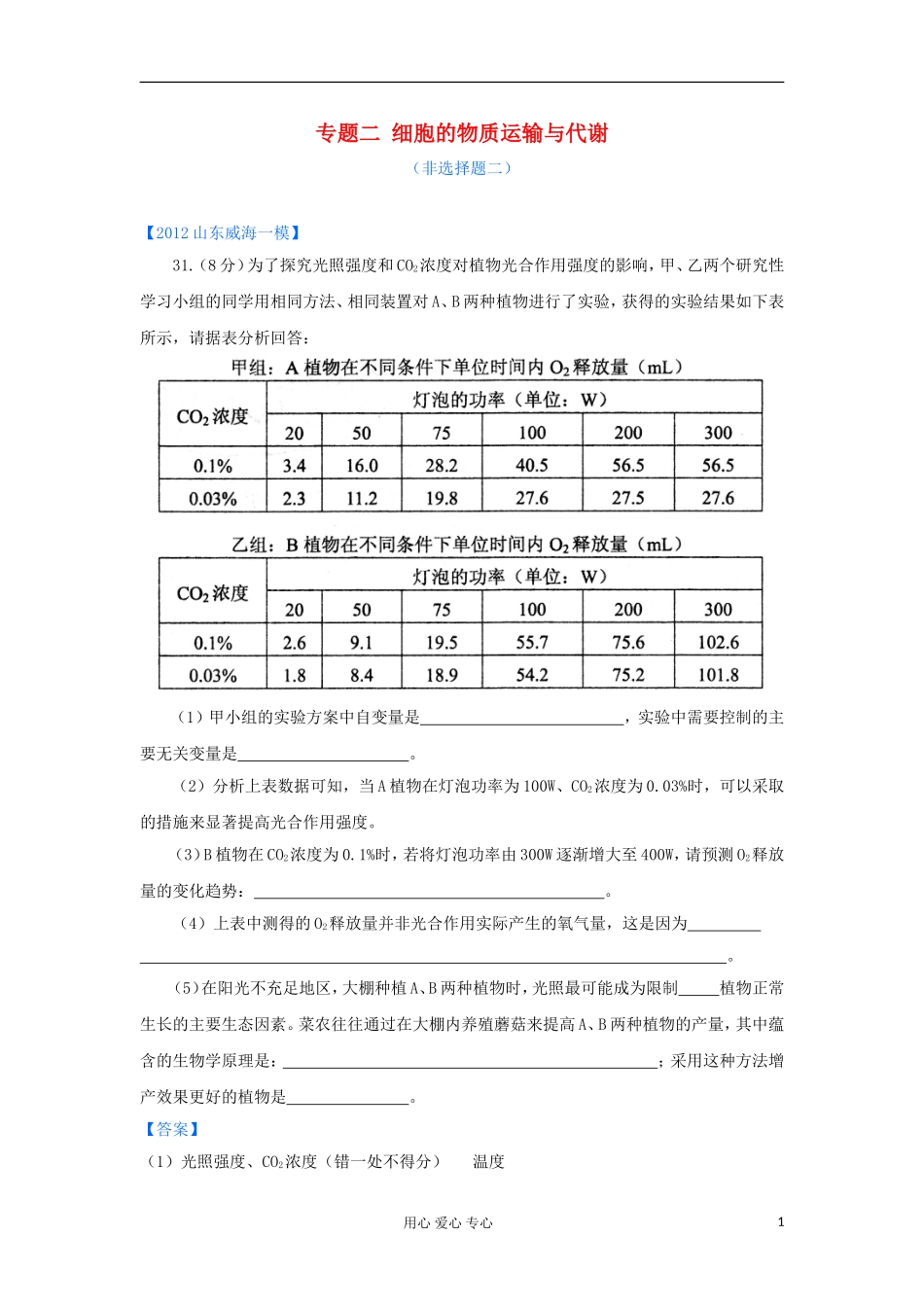 山东省2012年高考生物-各地市最新试题分类汇编7-细胞的物质运输与代谢(非选择题部分)_第1页